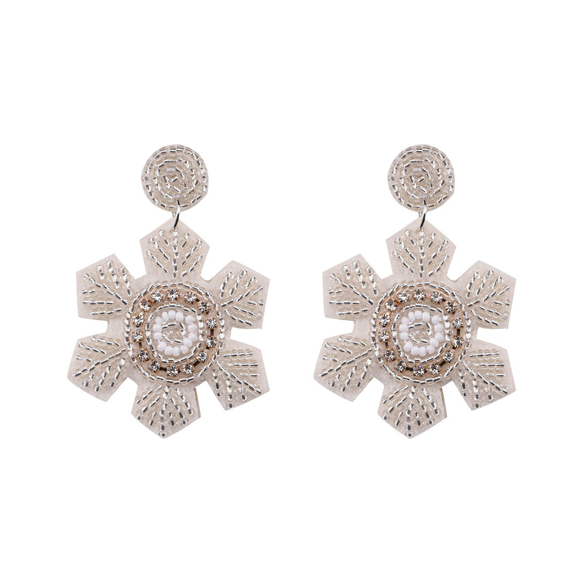 Wholesale Christmas Snowflake Fabric Inlaid Glass Diamond Handmade Rice Bead Earrings