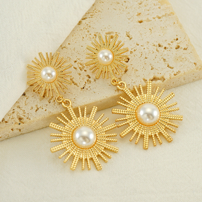 Wholesale Vintage Round Sunflower Pearl Titanium Steel Gold Plated Earrings