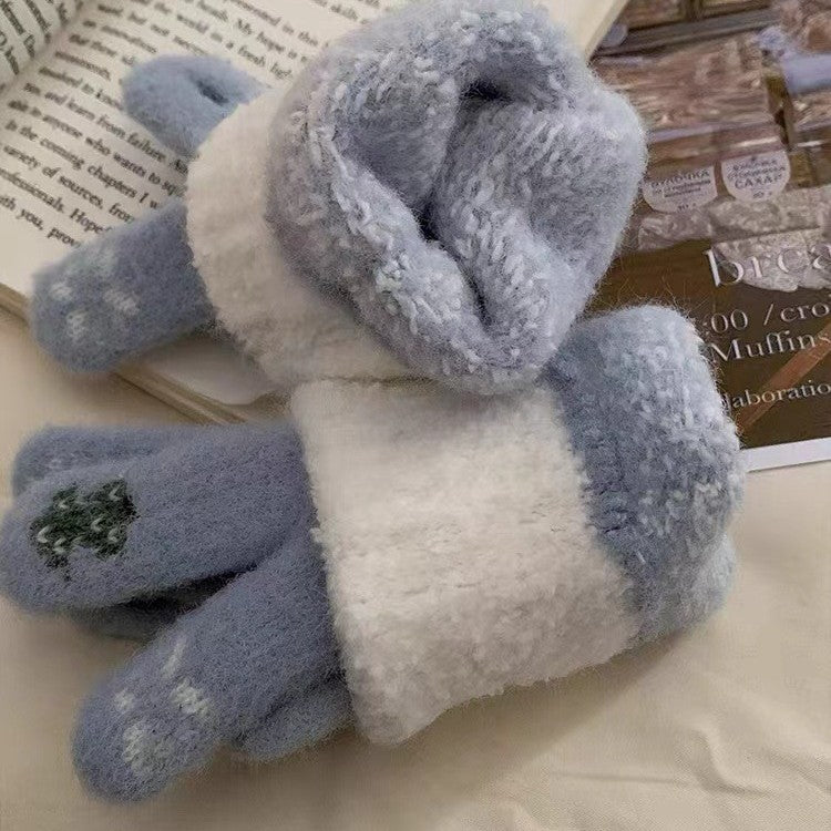 Wholesale Christmas Tree Autumn and Winter Fingerless Touch Screen Snowflake Plush Thick Fur Gloves