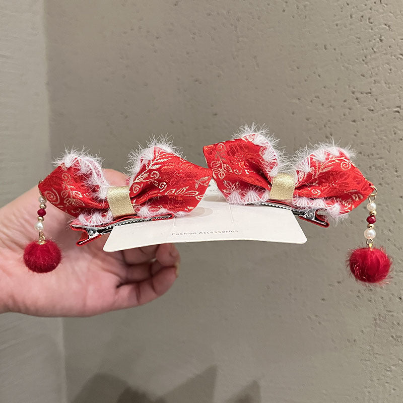 Wholesale Christmas Children's Fur Ball Pendant Bow Fabric Hairpin