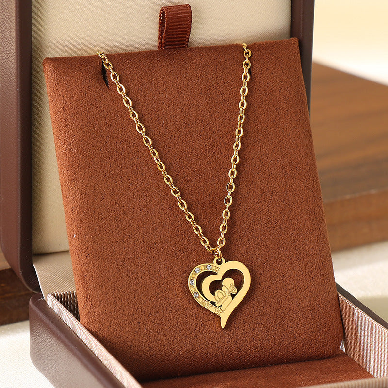 Wholesale Mother' s Day Diamond studded Hollow Moon Love Stainless Steel Necklace