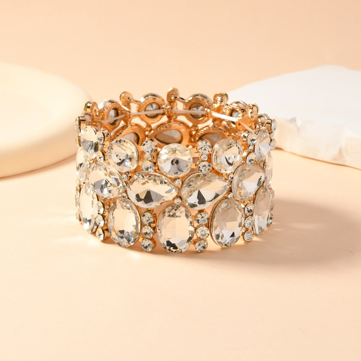 Wholesale European Fashion Gold AB Crystal Elastic Wide Bangle Bracelet Women S Party Jewelry Accessory