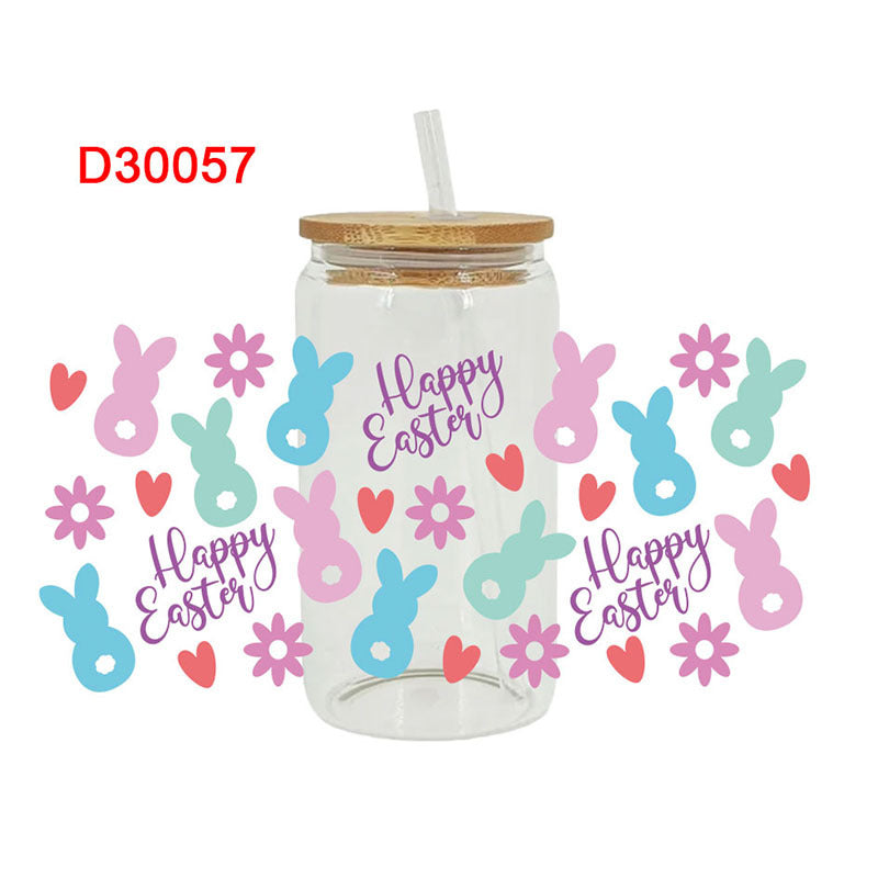Wholesale Pink Cartoon Easter Bunny 16oz Cup UV DTF Wraps