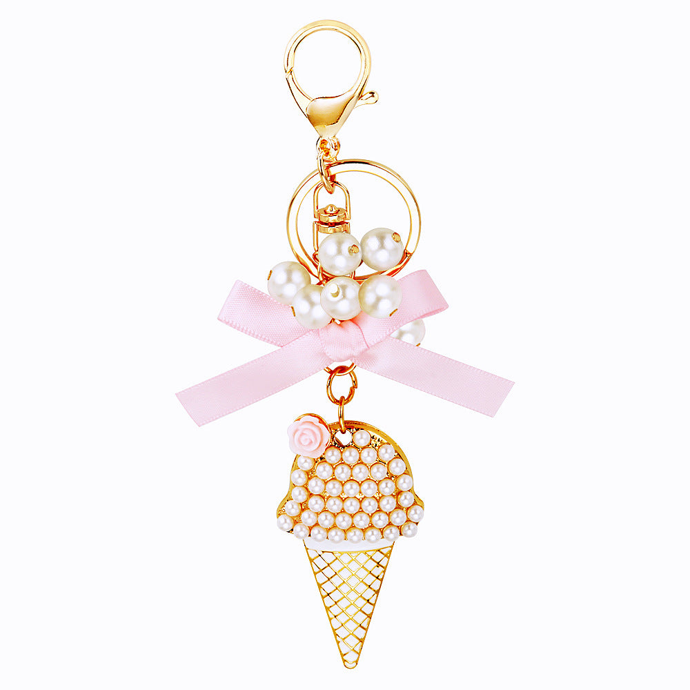 Wholesale Pearl Small Ice Cream Car Metal Key Chain Ring with Diamonds Keychain