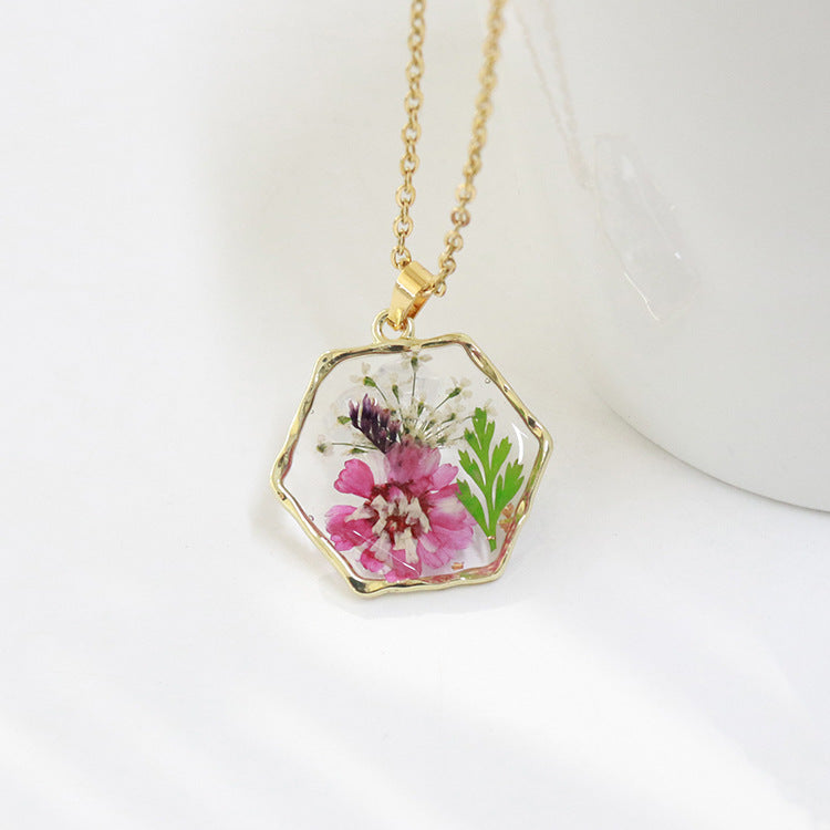 Wholesale 6pcs Polygonal Real Flower Preserved Flower Dried Flower Necklace