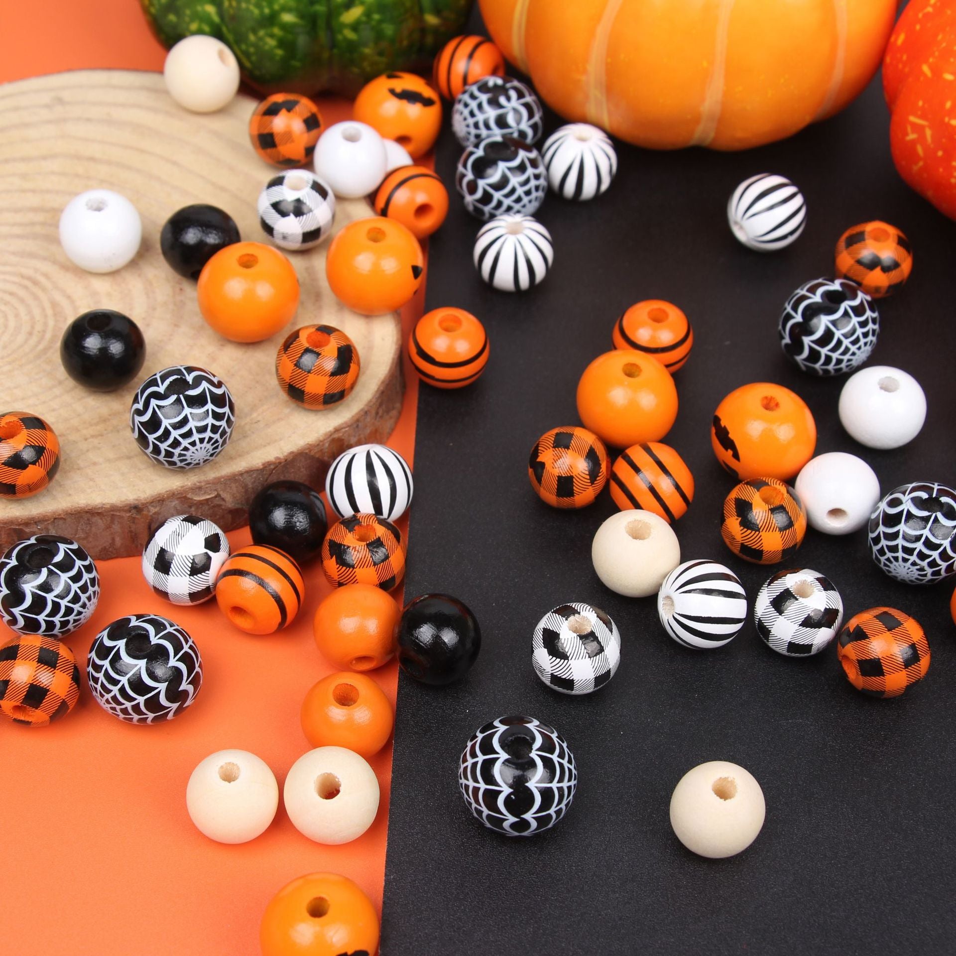 Wholesale 20pcs Halloween Pumpkin Spider Web Lattice Striped Wooden Beads