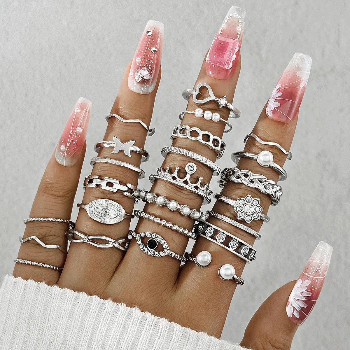 Wholesale Retro Butterfly Flower Moon Ring Punk Snake Stacking Joint Ring Set