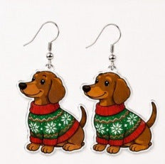 Wholesale Trendy Acrylic Pendant Earrings Reindeer Dachshund Red Green Contrast Jewelry Accessory