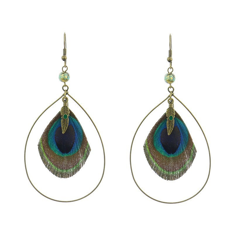 Wholesale Vintage Peacock Feather Exaggerated Earrings