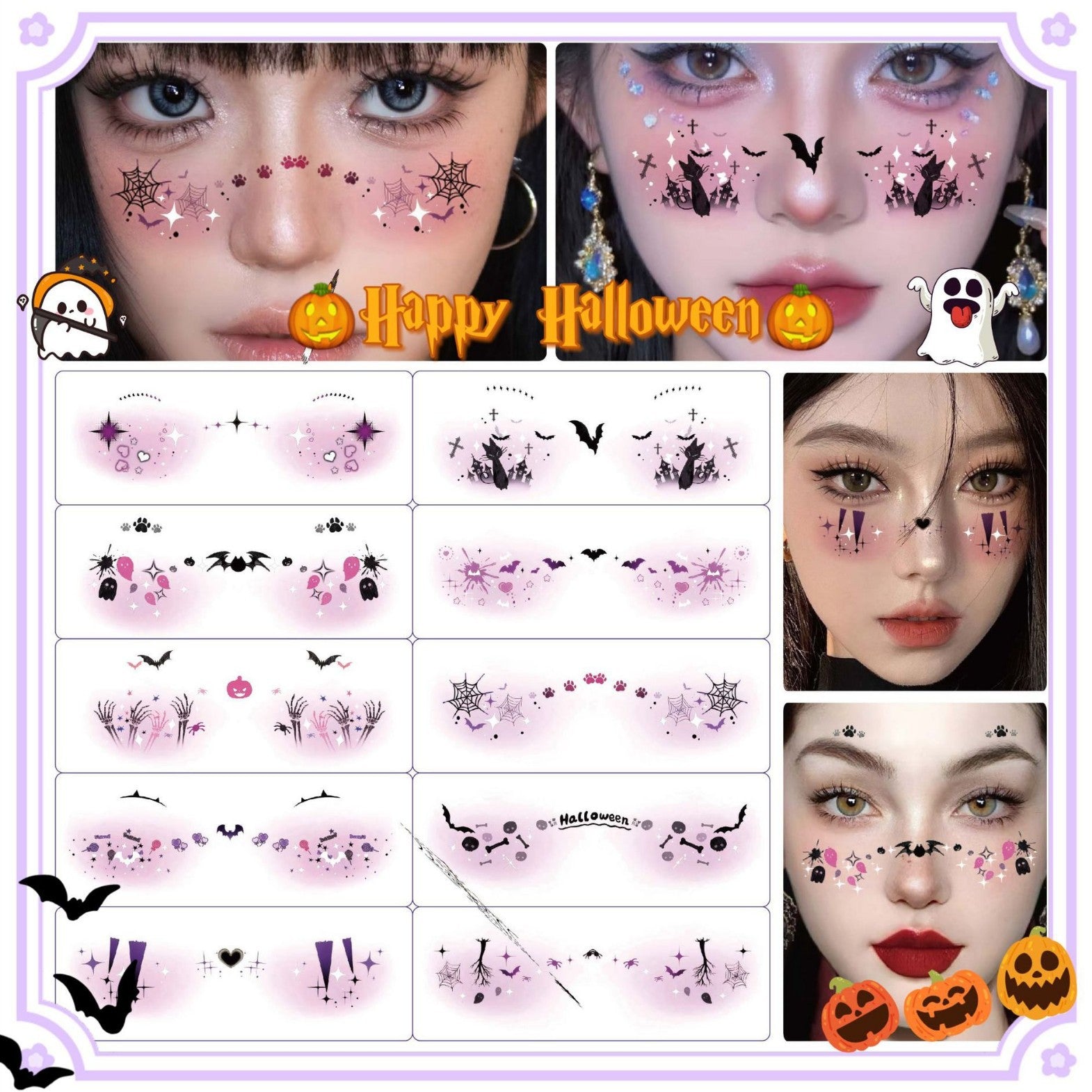 Wholesale 10pcs/pack New Halloween Makeup Face Stickers, Cute Ghost Makeup Tattoo Stickers, Photography Props Stickers, Waterproof and Sweat-Proof