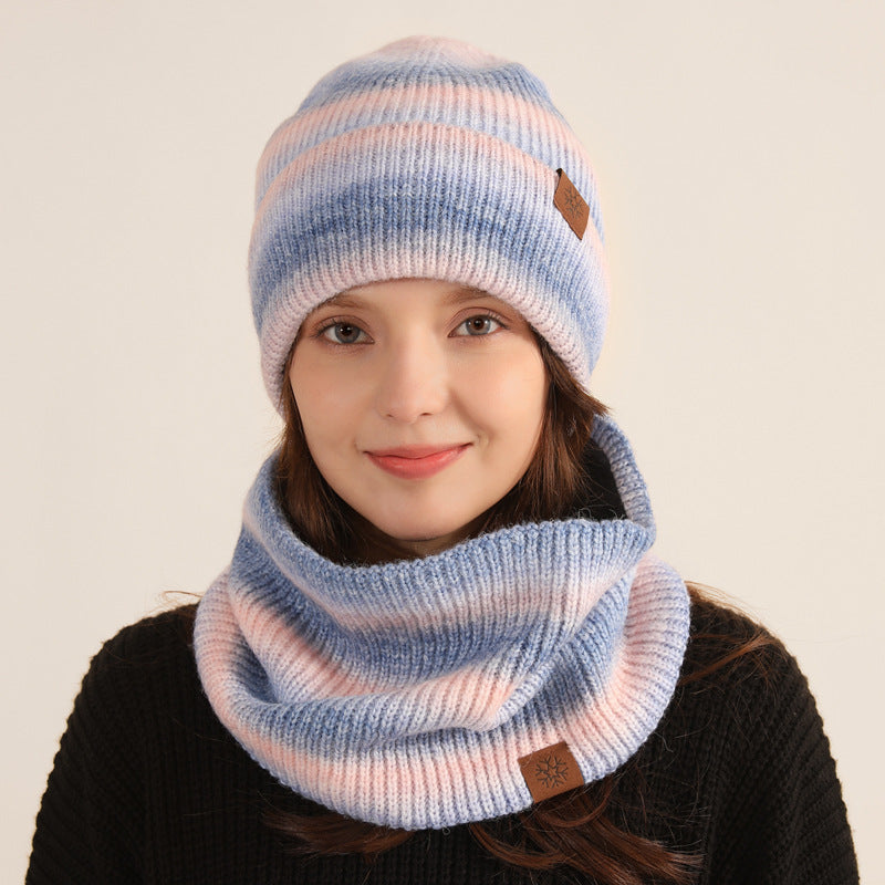 Wholesale Winter Outdoor Warm Tie-dye Knitted Scarf Hat Gradient Color Velvet Suit