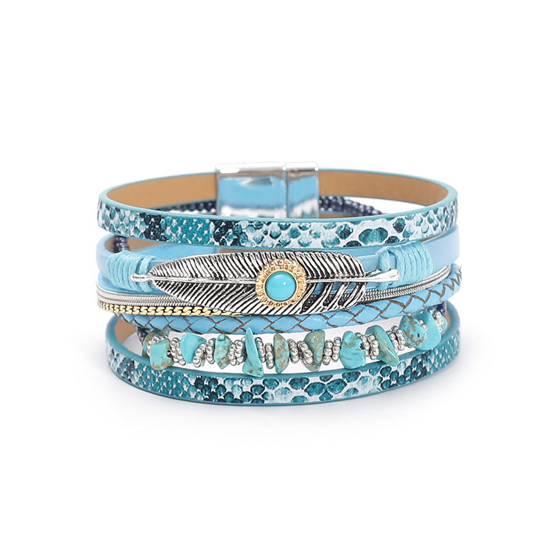 Wholesale Bohemian Feather Leather Turquoise Magnet Clasp Bracelet
