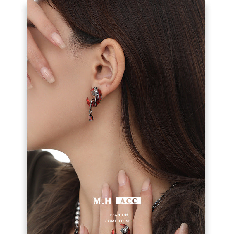 Wholesale Rose Red Crescent Asymmetric Retro Design New Chinese Style Earrings