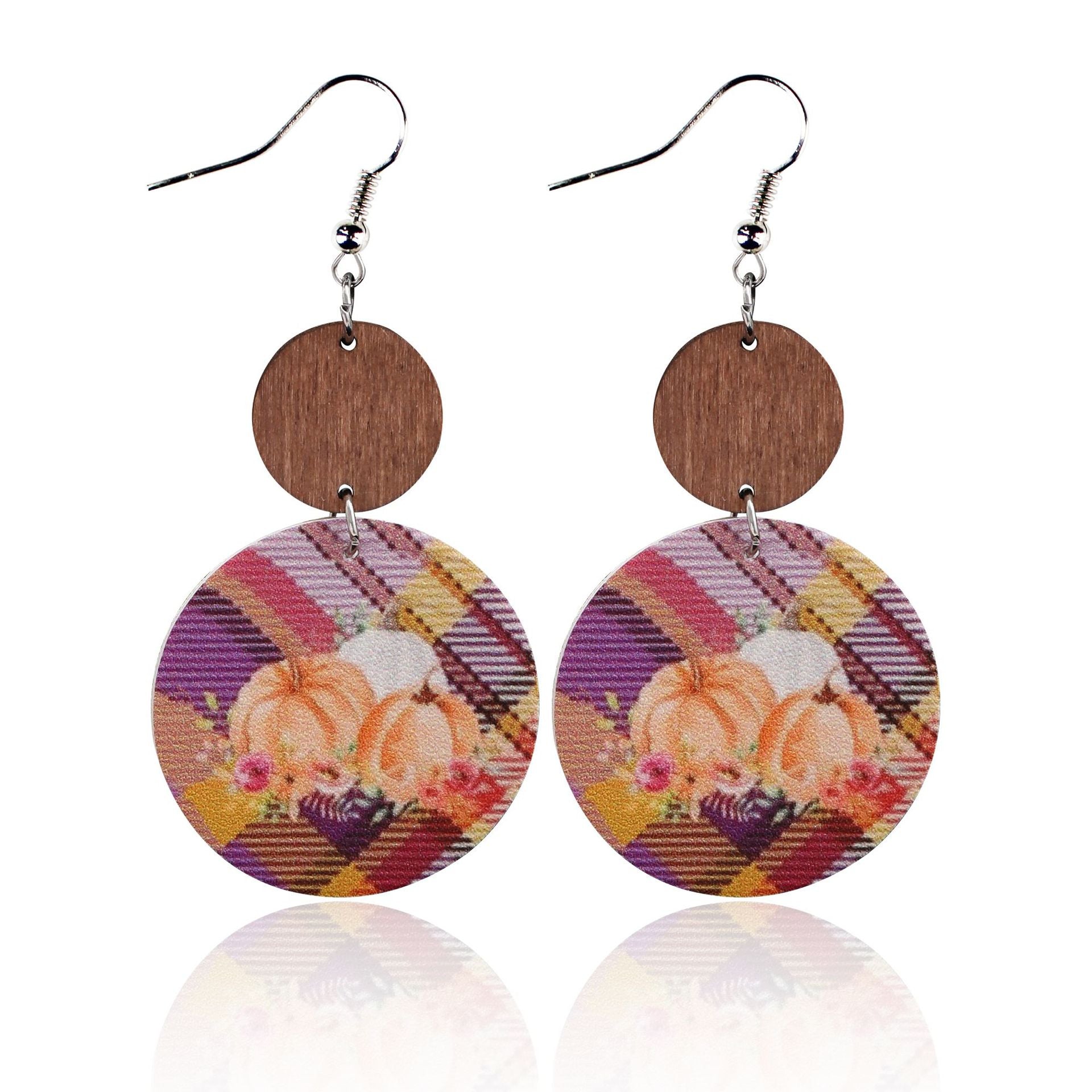 Wholesale Leopard Sunflower Eyes Round Leather Wood Earrings