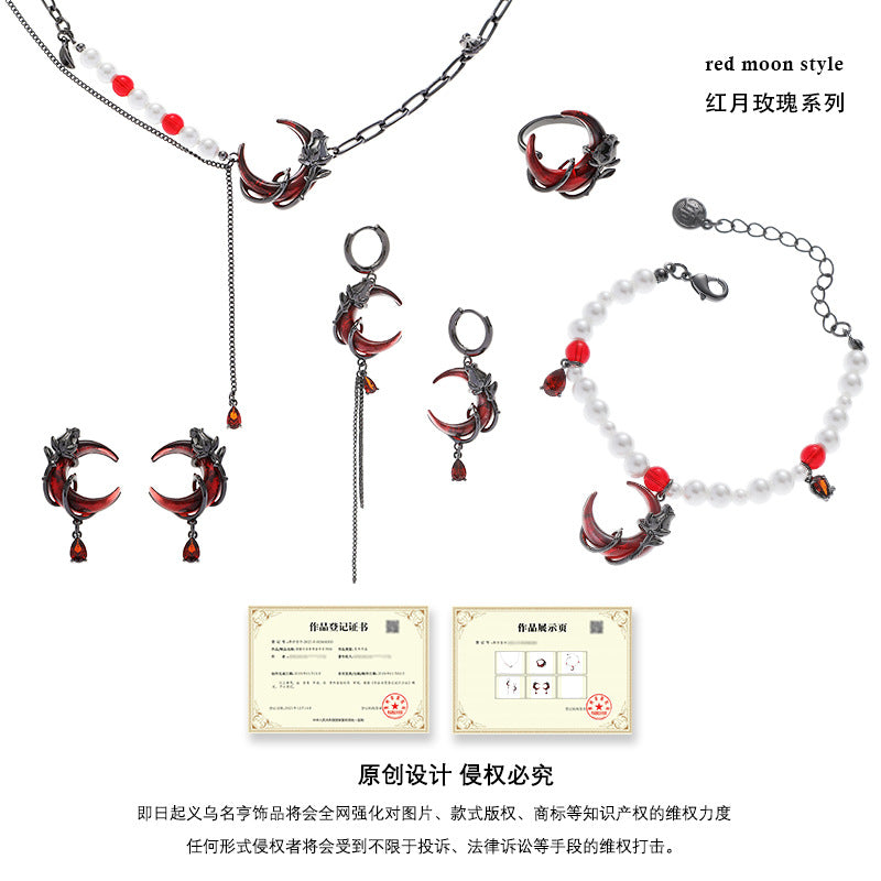 Wholesale Rose Red Crescent Asymmetric Retro Design New Chinese Style Earrings