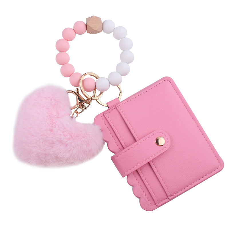 Wholesale Heart Shape Fur Ball Card Holder Silicone Beaded Wrist Keychain