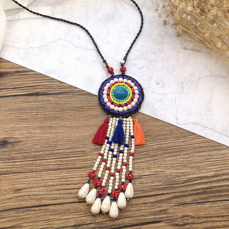 Wholesale Handmade Bohemian Vintage Natural Gravel Tassel Braided Necklace