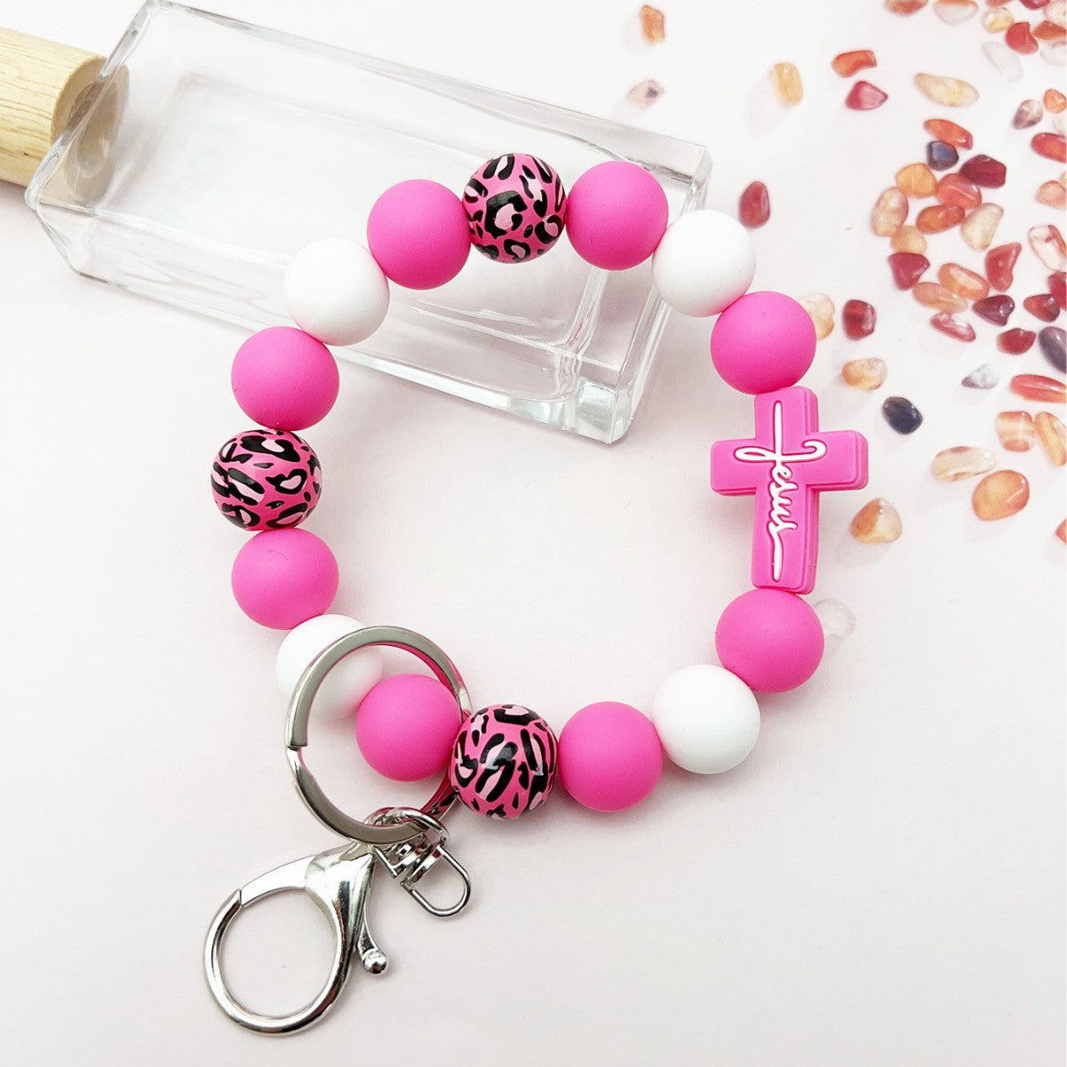 Wholesale Cross Silicone Leopard Beaded Wrist Keychain Bag Austrian Pendant