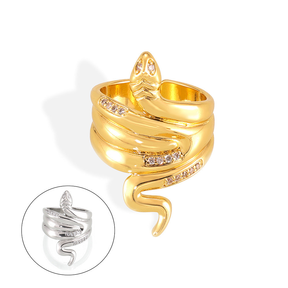 Wholesale Popular Copper Plated Real Gold Diamond Snake Ring for Couple Niche All-match Personalized Ins Opening Light Luxury Ring