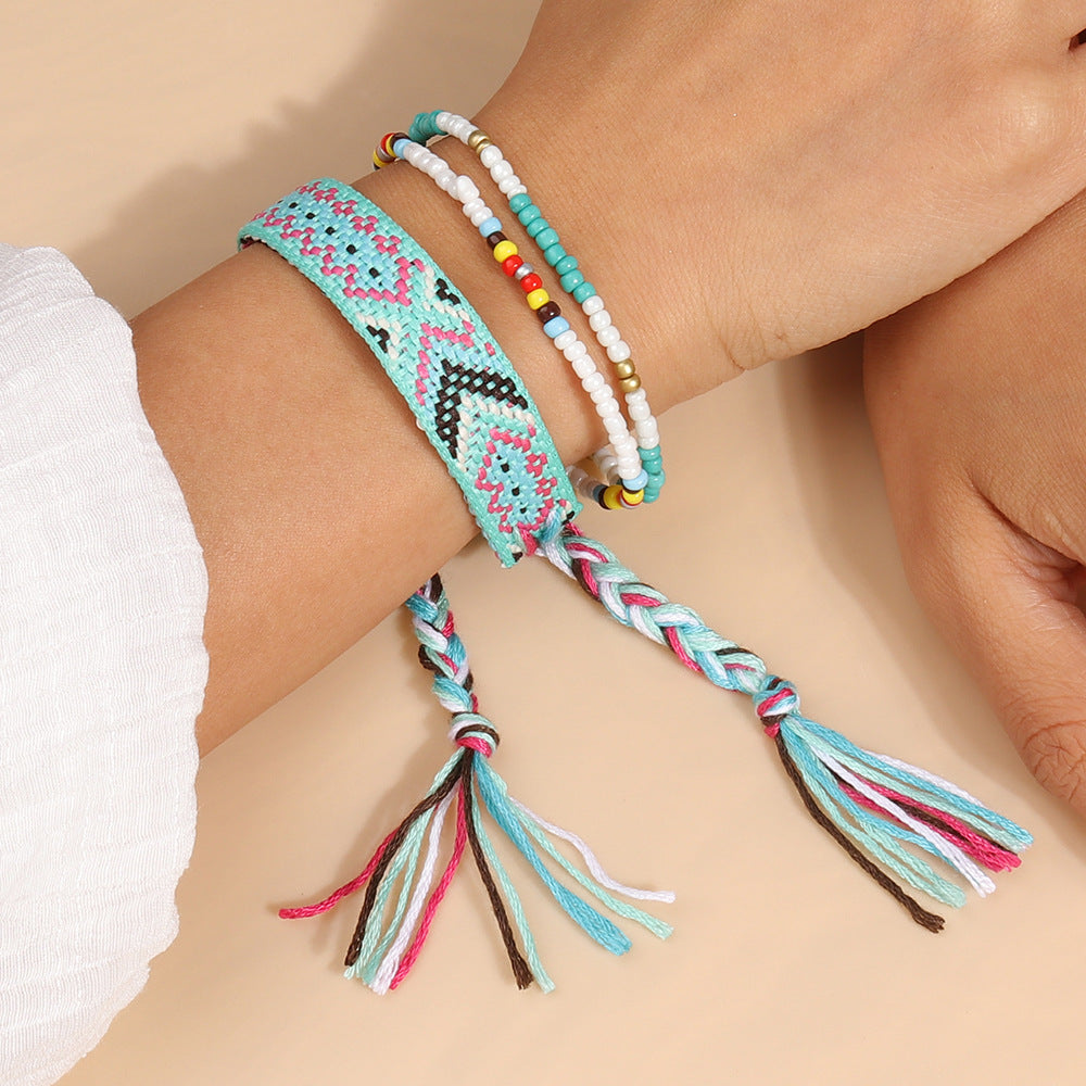 Wholesale Colorful Rice Beads Hand Woven Tassel Bracelet Set