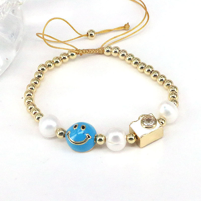 Wholesale Colorful Drops Oil Smile Zircon Freshwater Pearl Round Bead Braided Copper Bracelet