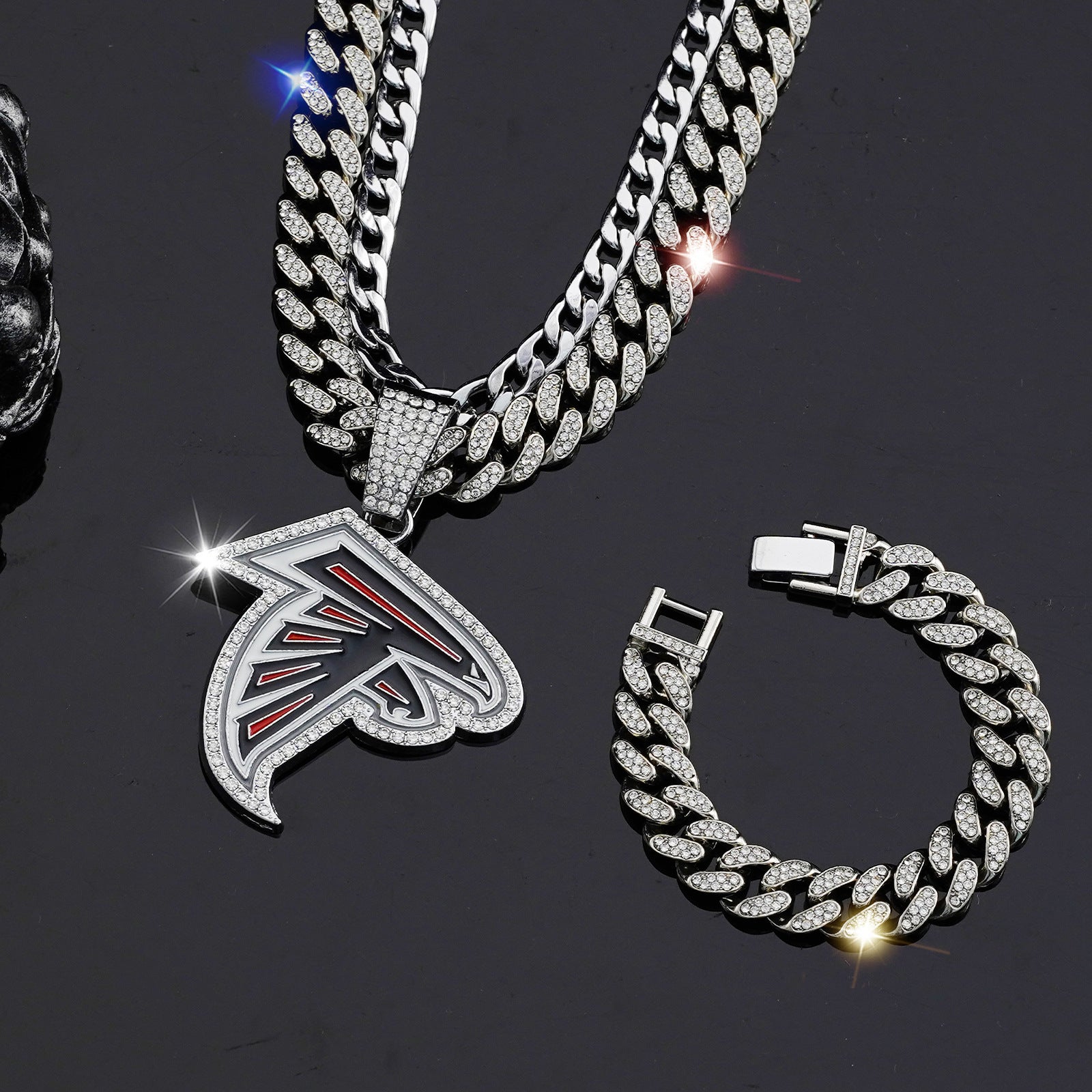 Wholesale Diamond Eagle Head Necklace Hip Hop Cuban Chain Bracelet Set