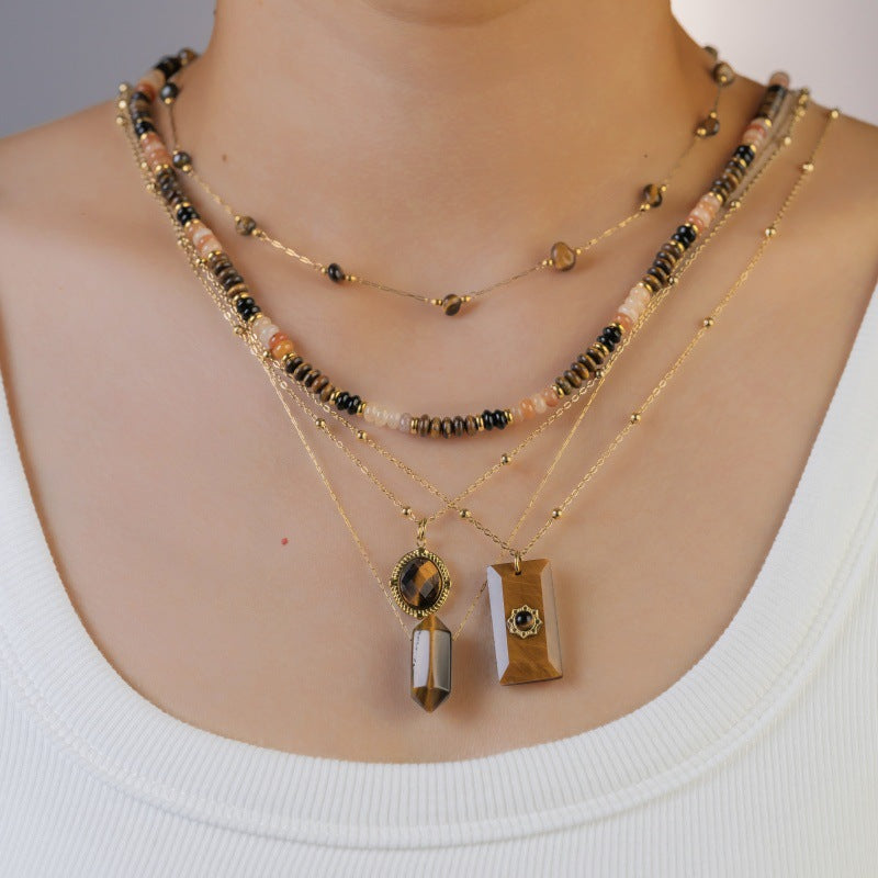 Wholesale Retro Yellow Tiger Stone Series Pendant Stainless Steel Necklace