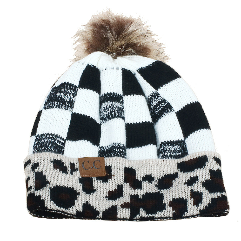 Wholesale Wool Ball Knitted Hat Leopard Plaid Autumn and Winter Warm Woolen Hat