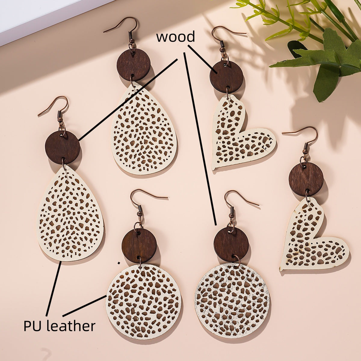 Wholesale Retro Water Drop Heart Leather Wood Piece Love Round Earrings