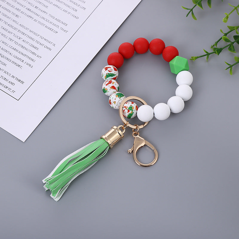 Wholesale Christmas New Silicone Beads PU Tassel Wooden Beads Bracelet Keychain