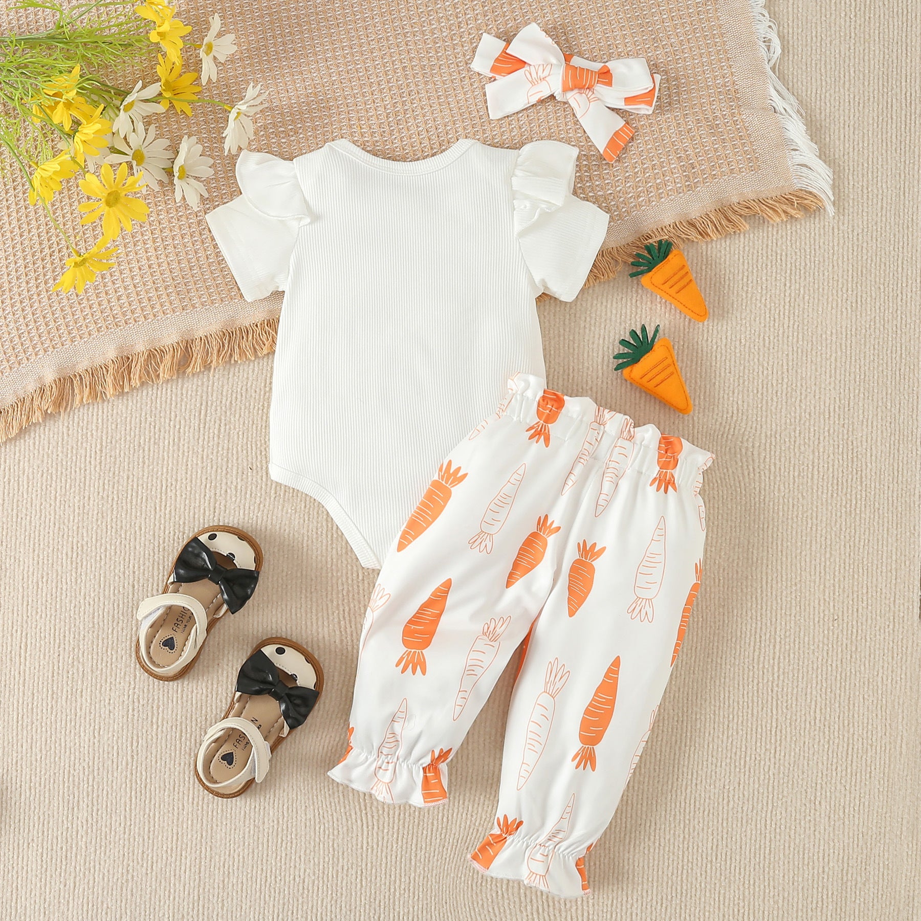 Wholesale Easter Rabbit Embroidered Harper T-shirt Long Pants Baby Cotton Set