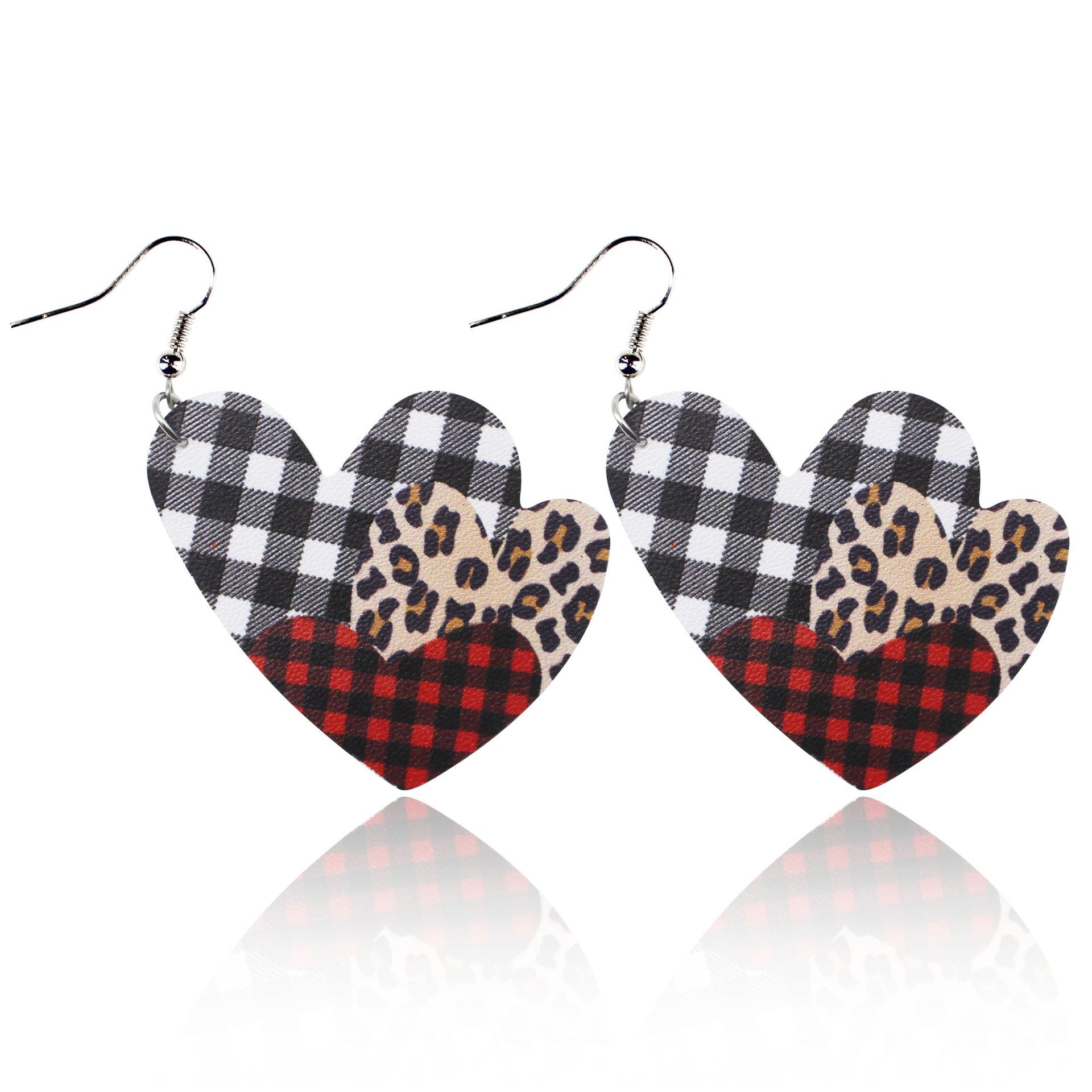 Wholesale Valentine's Day Red and Black Plaid Stripe Tie Dyed Leopard Heart Double Sided Leather Earrings