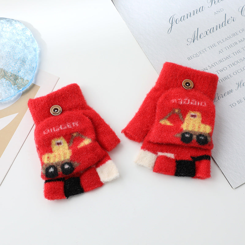 Wholesale Warm Flip Half Finger Knitted Cartoon Children's Imitation Cashmere Gloves