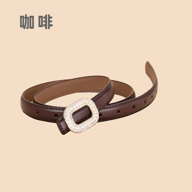 Wholesale Versatile Genuine Leather Belt with Round Buckle Inlaid with Pearls and Rhinestones