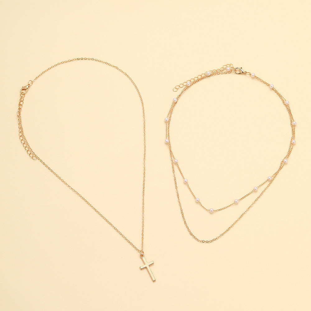 Wholesale Artificial pearl clavicle chain creative cross pendant necklace retro multi-layered necklace