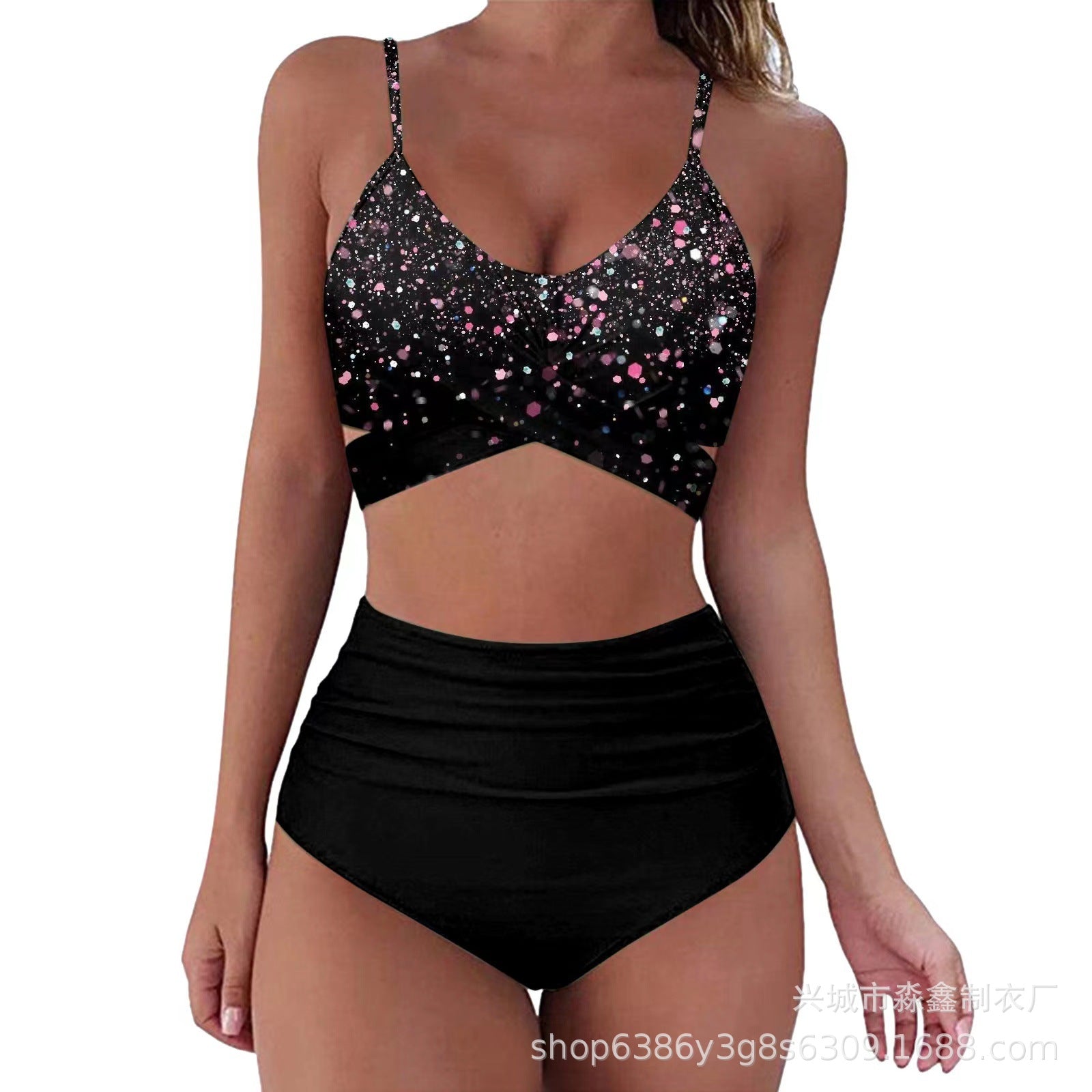 Wholesale Color Cross High Waist Split Polyester Swimwear