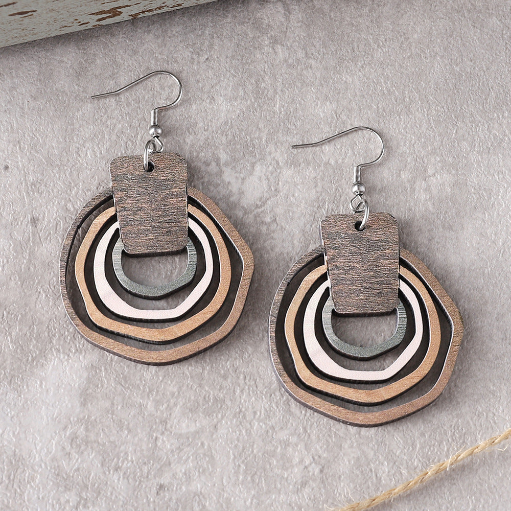 Wholesale Bohemian Gradient Hollow Pendant Wooden Double-sided Earrings