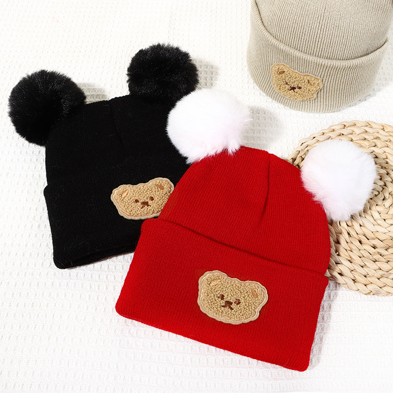 Wholesale Children's Fur Ball Knitted Hat Bear Embroidered Warm Woolen Hat