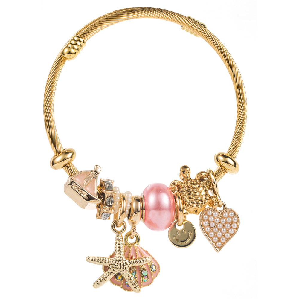 Wholesale Diamond studded starfish shell vacation style adjustable bracelet