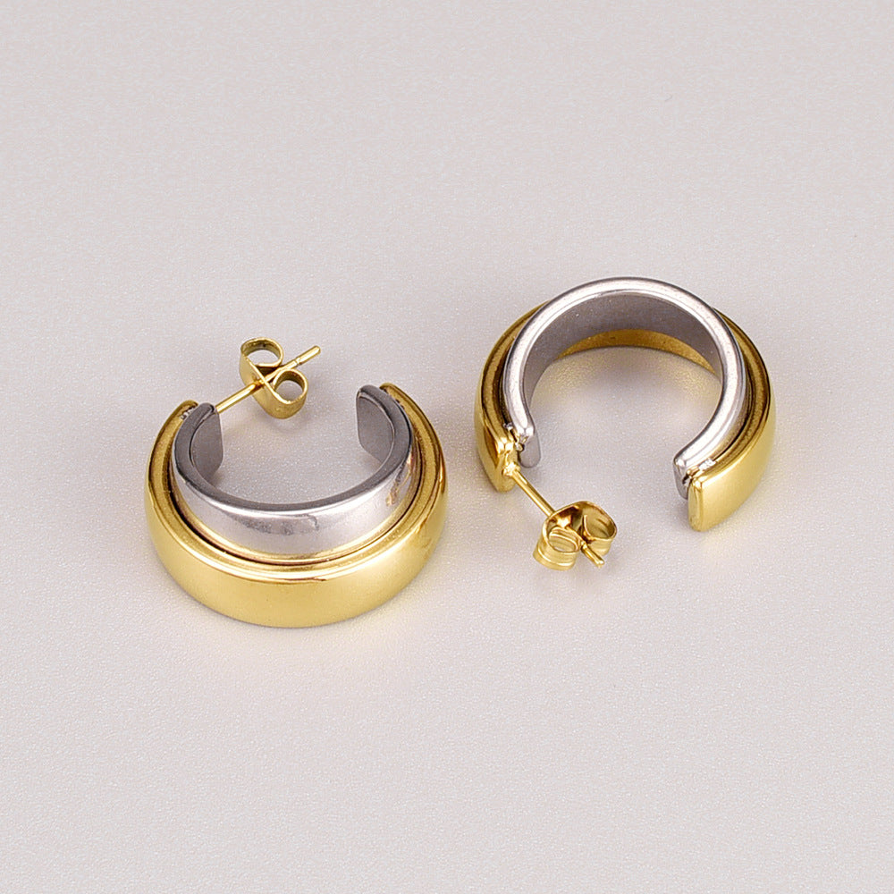 Wholesale Dual Color Overlapping Splicing Double Ring Gold-plated Earrings