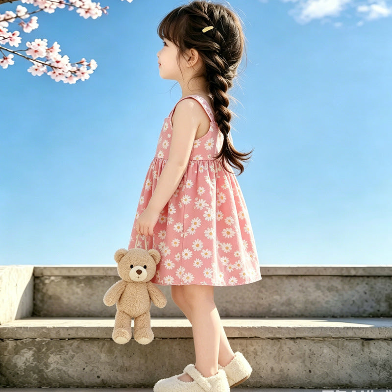 Wholesale Chic Girls Floral Summer Princess Dress Polyester Spaghetti Strap Casual Kid Outfit Stylish Boutique Resale For 3 8 Years