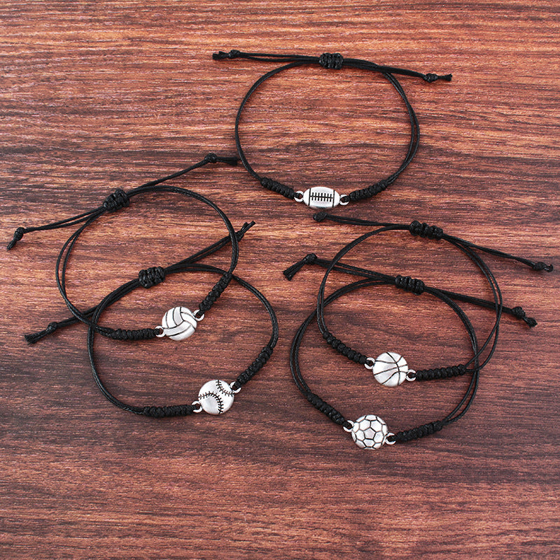 Wholesale Wax Thread Hand-woven Alloy Football Baseball Basketball Volleyball Rugby Pull Bracelet