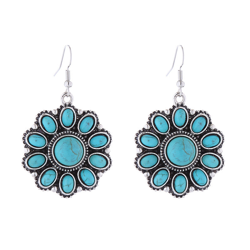 Wholesale Retro Ethnic Style Alloy Inlaid White Turquoise Round Earrings