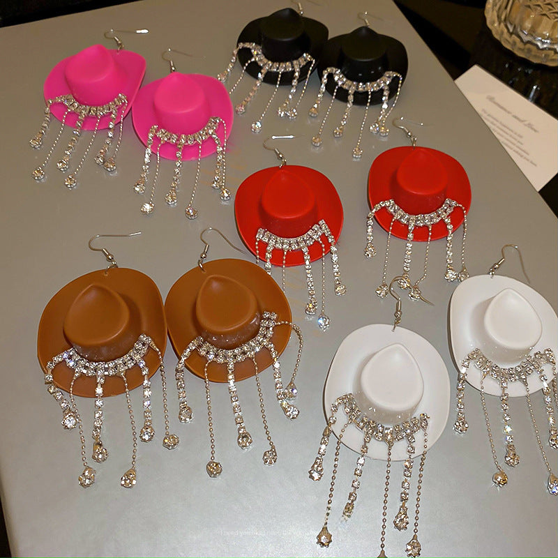Wholesale Cowboy Hat Teardrop Diamond Tassel Earrings