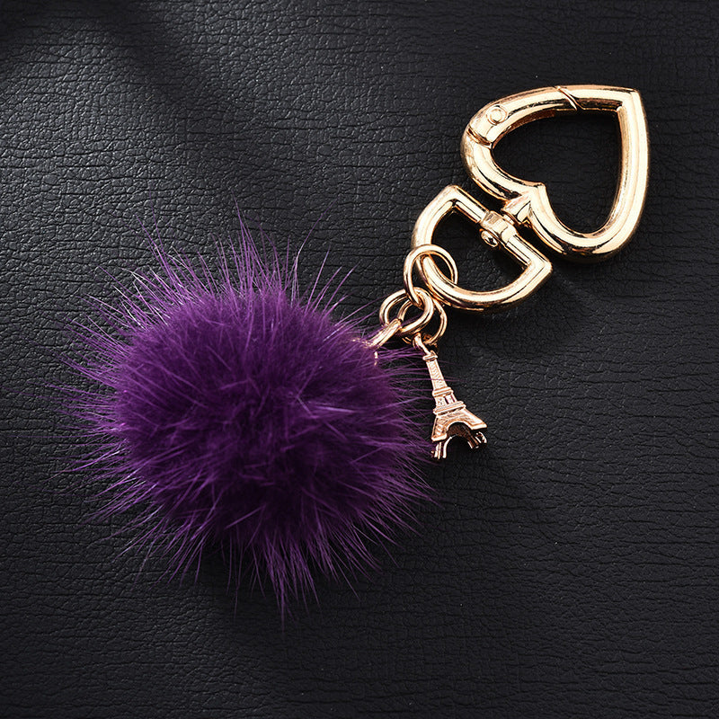 Wholesale mink fur love keychain elegant fur small pendant fur ball alloy love keychain