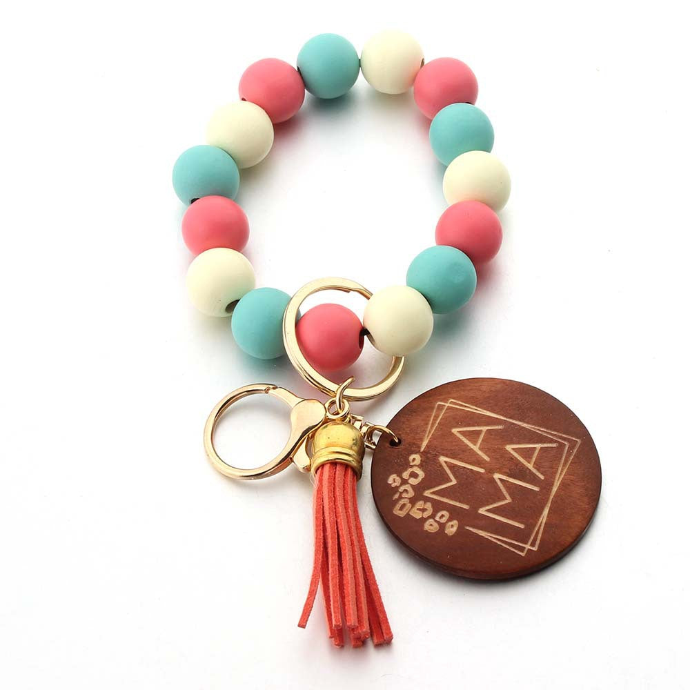 Wholesale Wooden Beads Leather Tassel MAMA Keychain