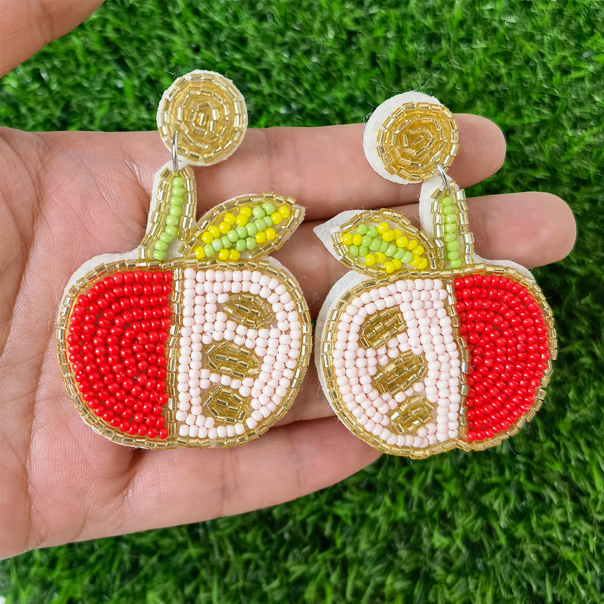 Wholesale Teacher Pencil Apple Fabric Handmade Rice Bead Earrings