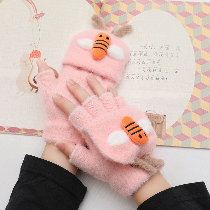 Wholesale Plush and Thickened Half Finger Flip Knitted Wool Little Bee Gloves