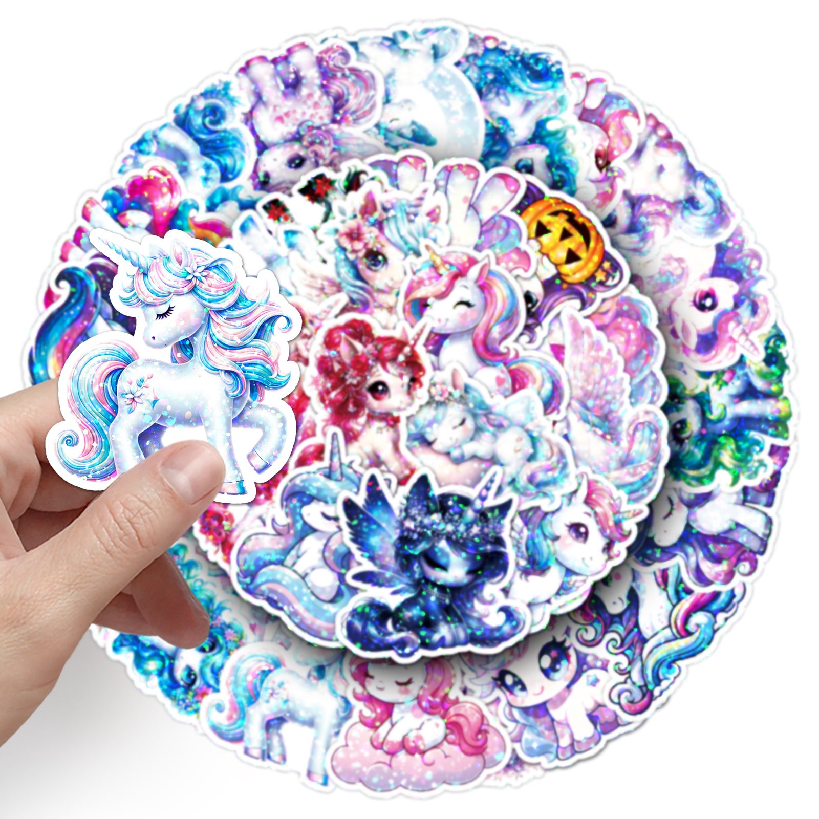 Wholesale 50pcs/ pack Glitter Laser Rainbow Horse Unicorn Stickers