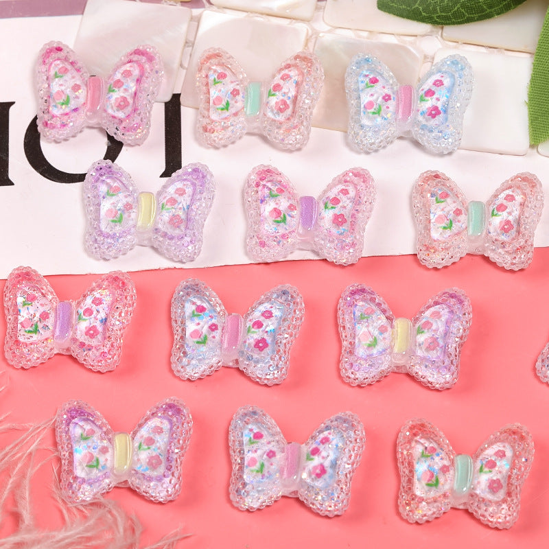 Wholesale 100pcs Straight Hole Granulated Sugar Bow Tie Tulip Print Tie DIY Resin Beads
